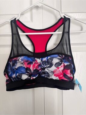 Kyodan Floral Print Racerback Sports Bra in Pink, Blue & Black